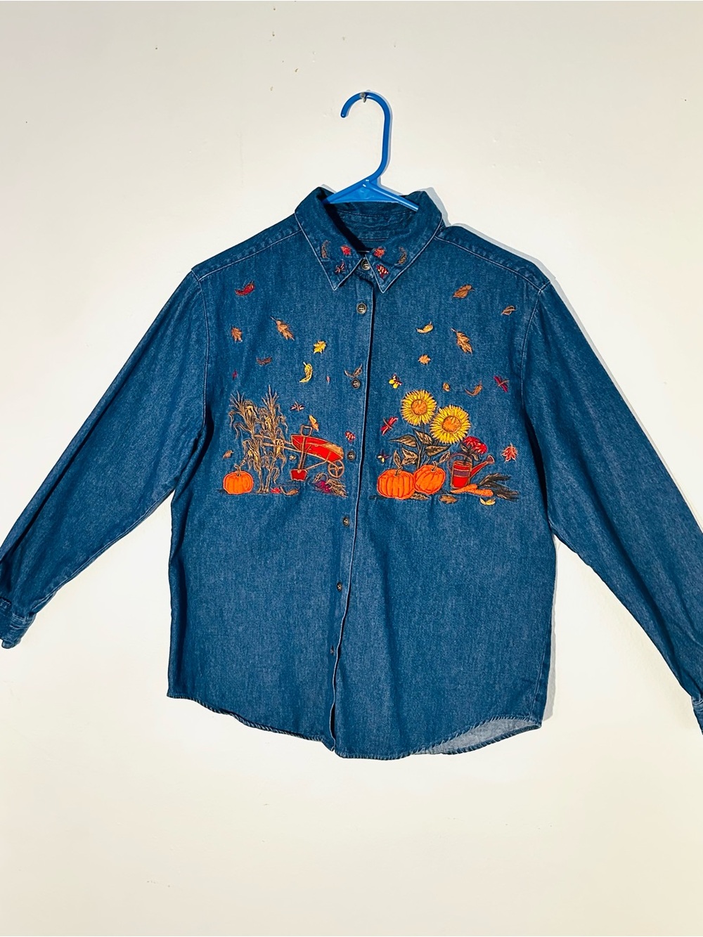 Karen Scott Blue Denim Button-Down Shirt with Autumn Embroidery